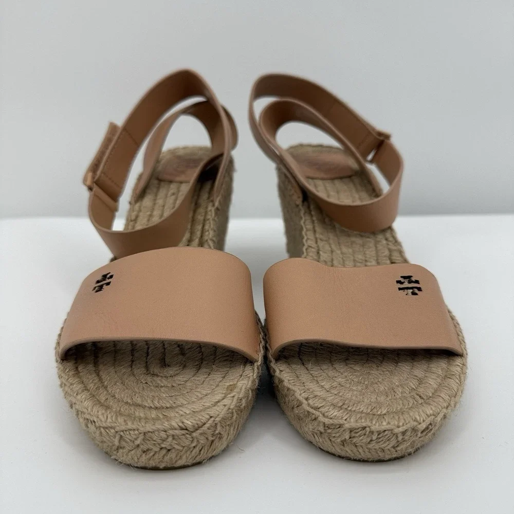 Tory Burch Nude Leather Espadrille Wedge Sandals with Ankle Strap